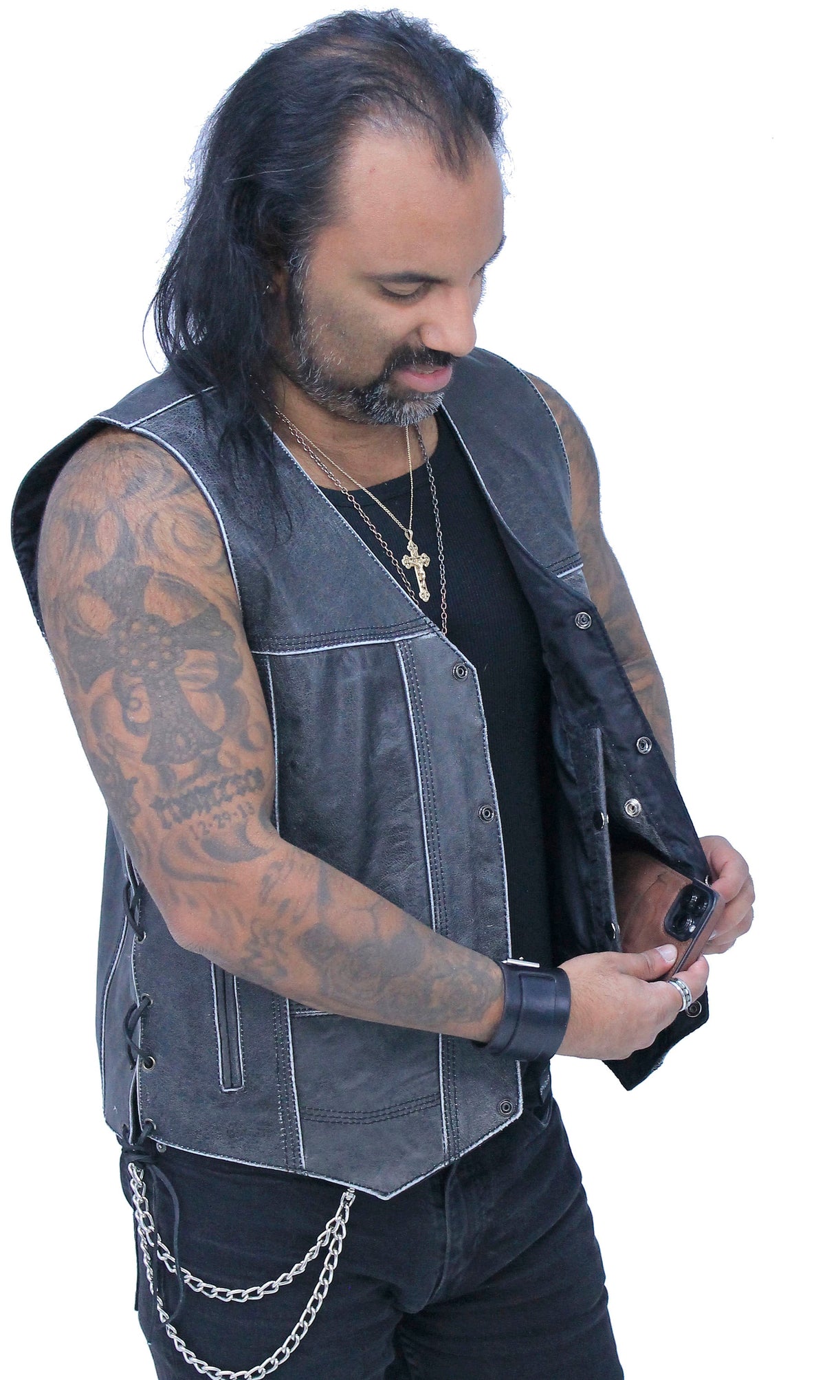 Vintage Gray Leather Side Lace 10 Pocket Vest #VMA964GLGY