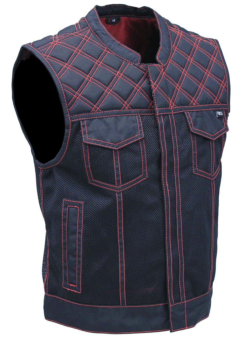 Men's Red Stitched Quilted Moto Mesh Club Vest #VMC6536QVR