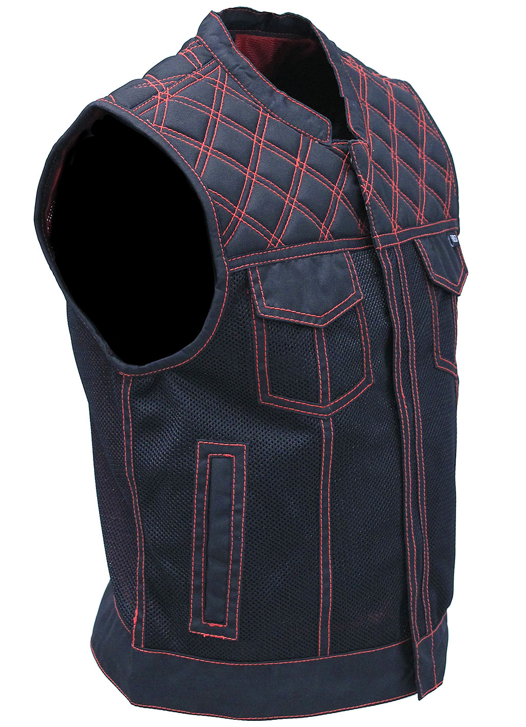 Men's Red Stitched Quilted Moto Mesh Club Vest #VMC6536QVR