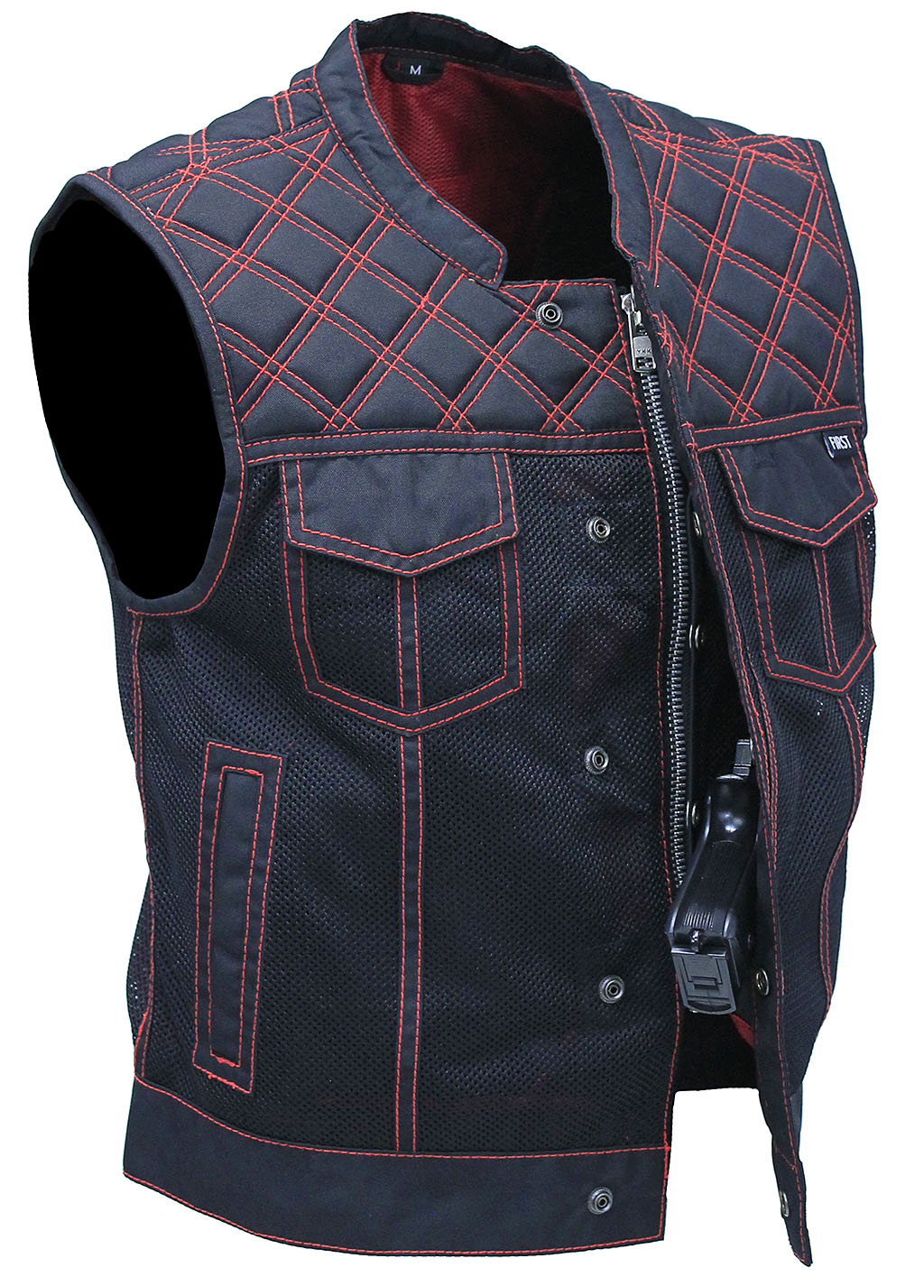 Men's Red Stitched Quilted Moto Mesh Club Vest #VMC6536QVR