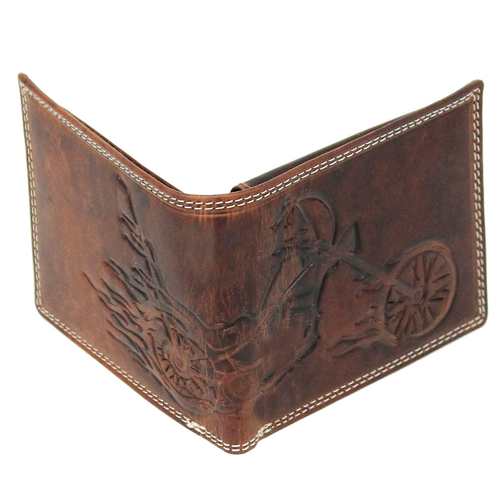 Brown Embossed Flaming Motorcycle Bifold Oil Tanned Leather RFID Wallet #WB071MCNID