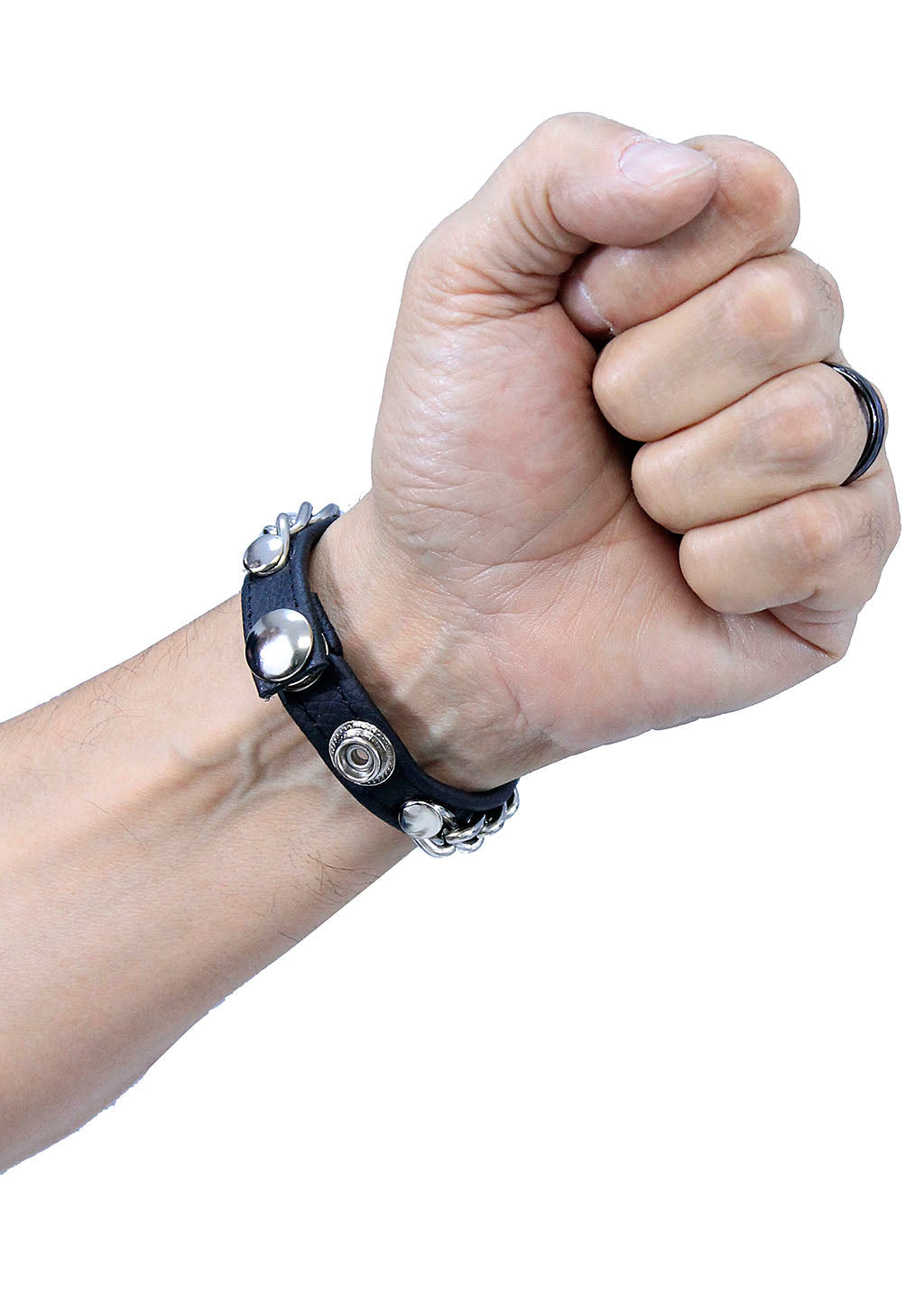 Black Leather & Chain Narrow Wristband #WB25580CS