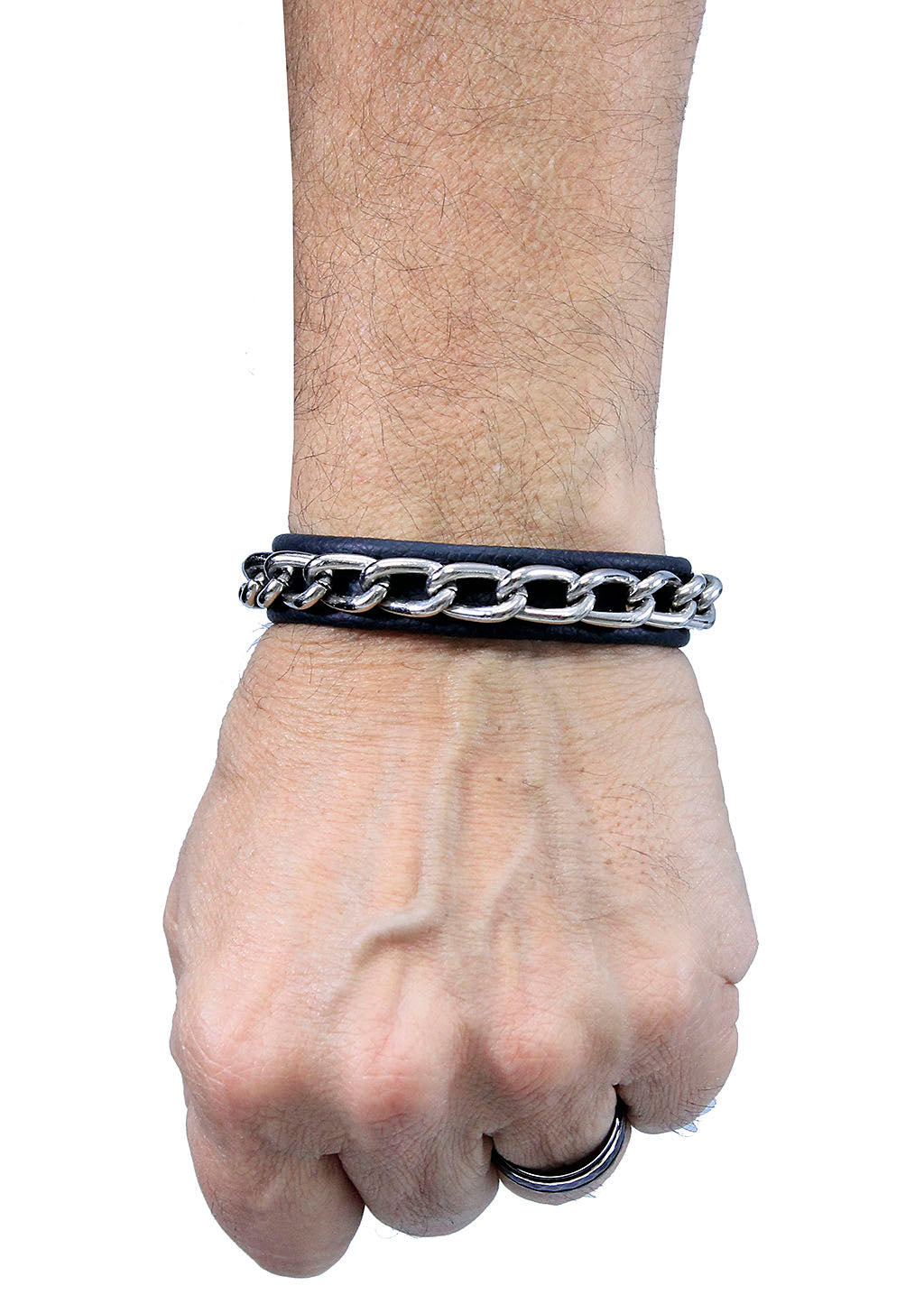 Black Leather & Chain Narrow Wristband #WB25580CS