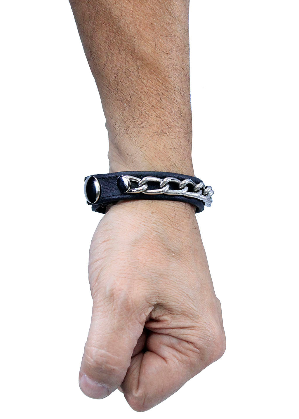 Black Leather & Chain Narrow Wristband #WB25580CS