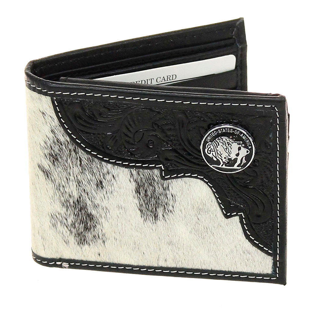 Hair-On Black Leather Bifold RFID Wallet Flip-Up ID #WB26502HKID