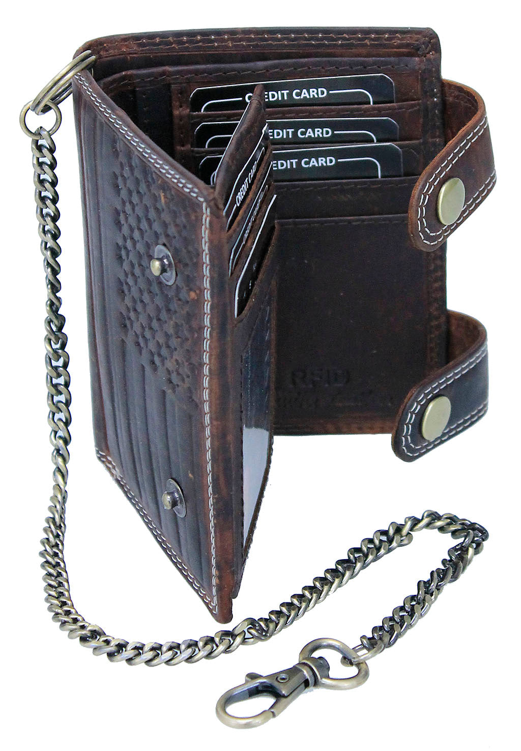 Brown Oil Tanned Leather RFID Wallet with Snaps & Chain #WC041NFLAG
