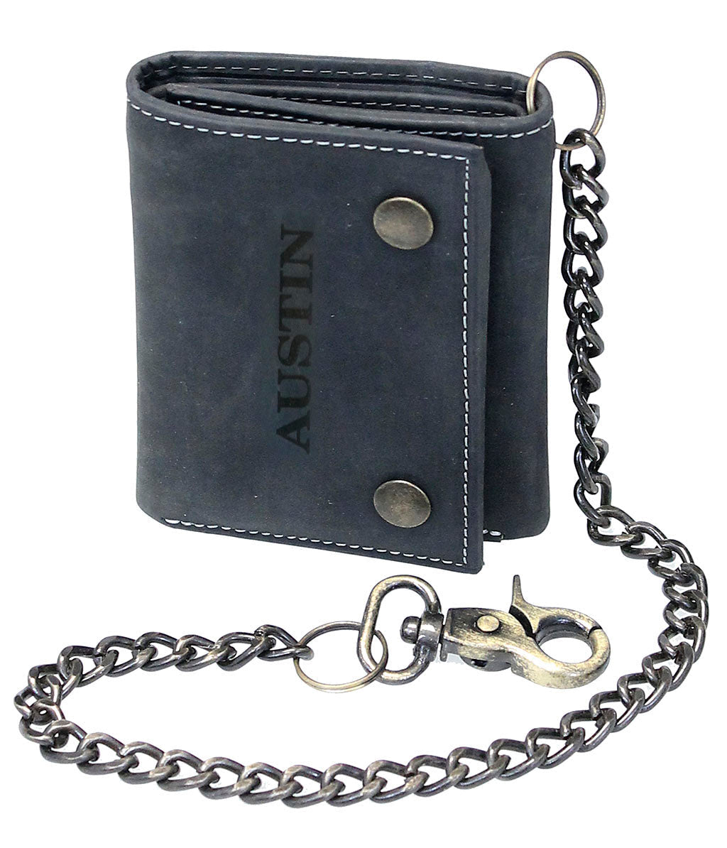 Men's Vintage Black RFID Leather Trifold Chain Wallet with ID Window #WC513210KID