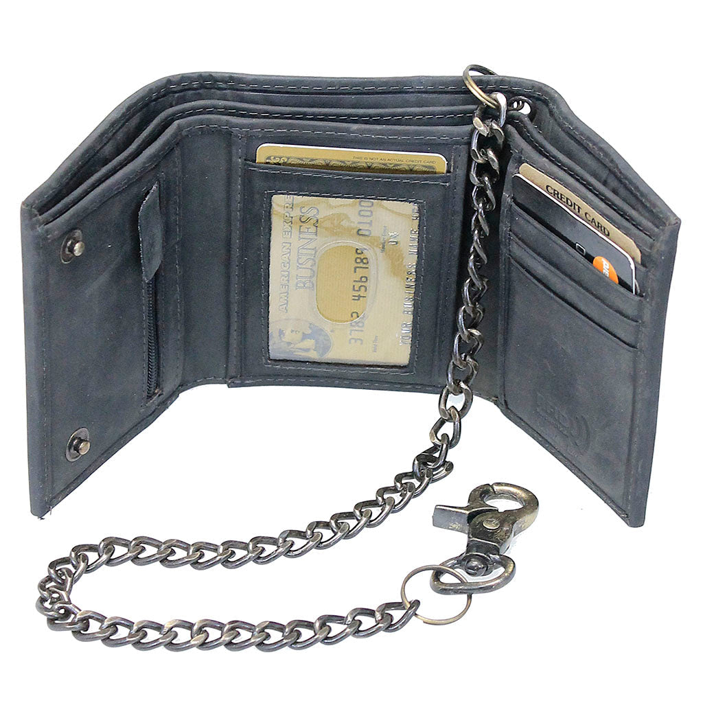 Men's Vintage Black RFID Leather Trifold Chain Wallet with ID Window #WC513210KID