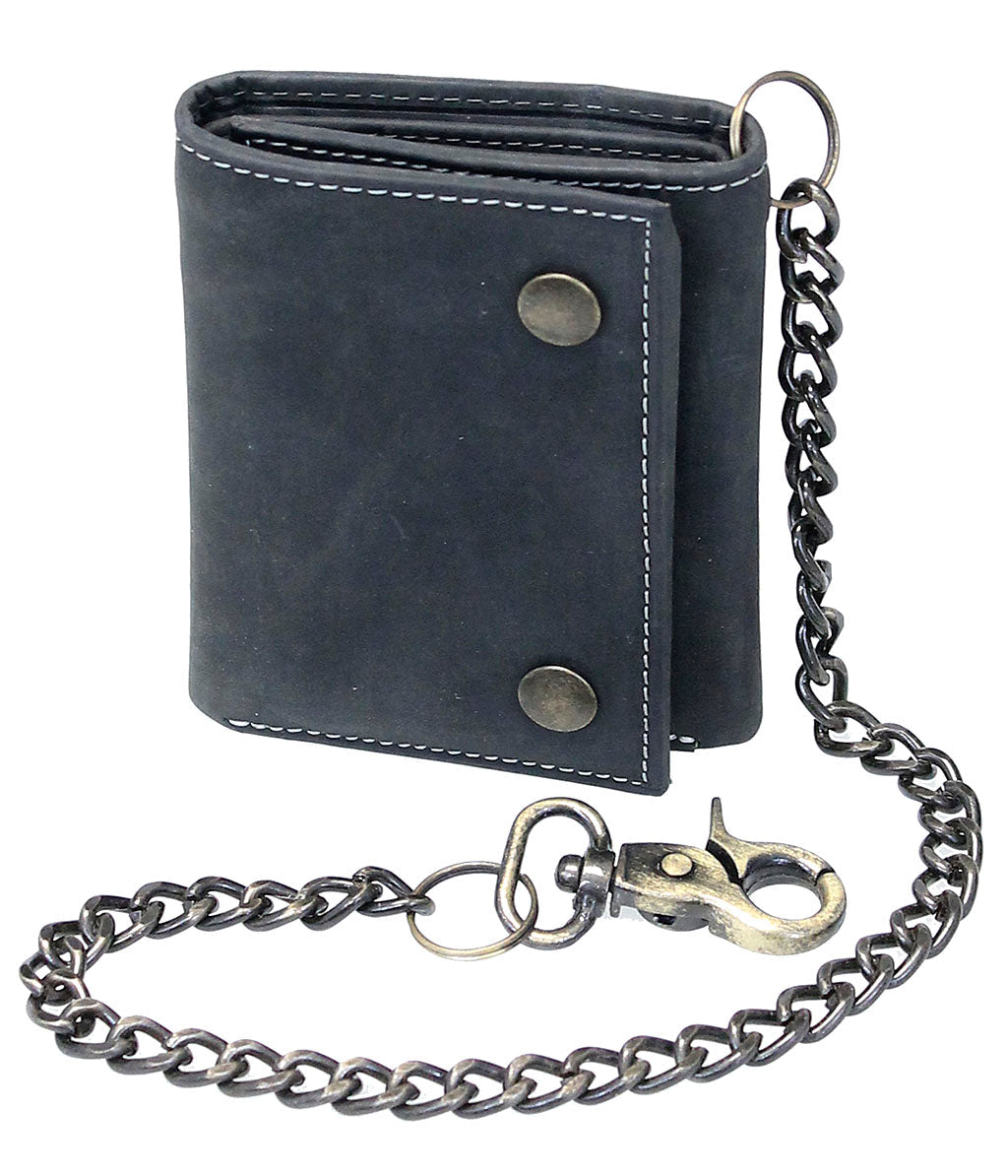 Men's Vintage Black RFID Leather Trifold Chain Wallet with ID Window #WC513210KID