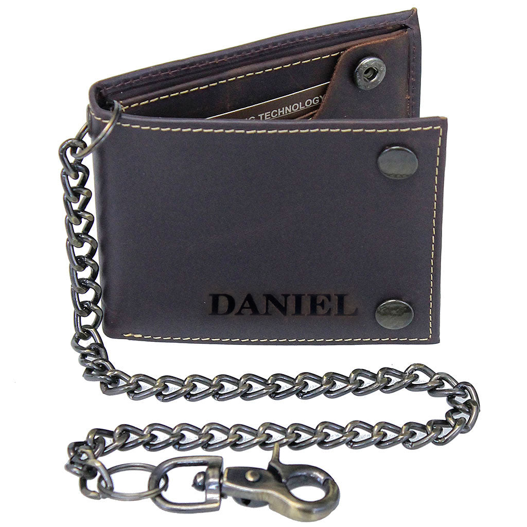 RFID Leather Chain Wallet for Men, Oil Tanned Bifold Brown Wallet #WC513531BN