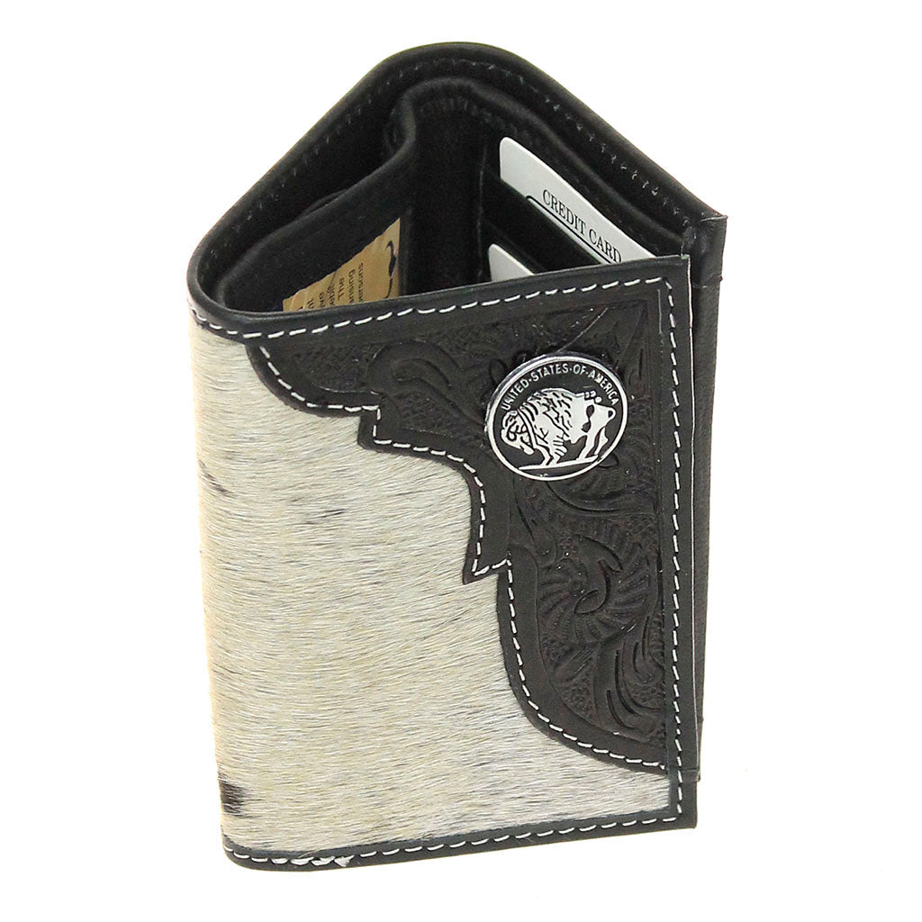 Men's Hair-On Trifold Leather RFID Wallet with Buffalo Nickel #WT26511HNID