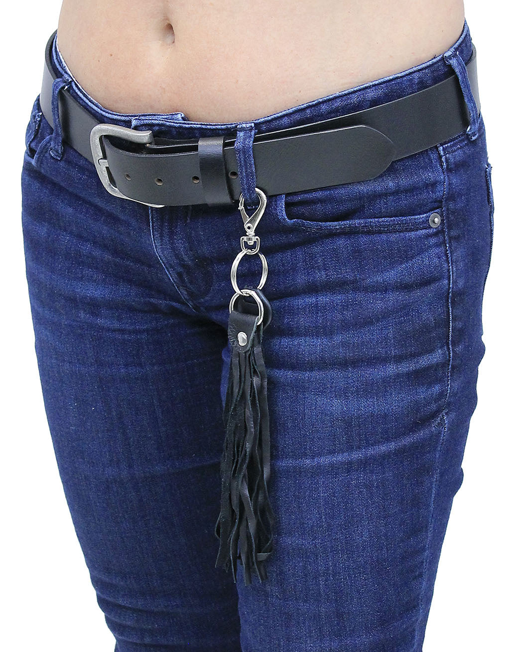 Black Leather Fringe Key Chain with Claw Clip, 8 Inch Tassel, USA Made #KC1800K