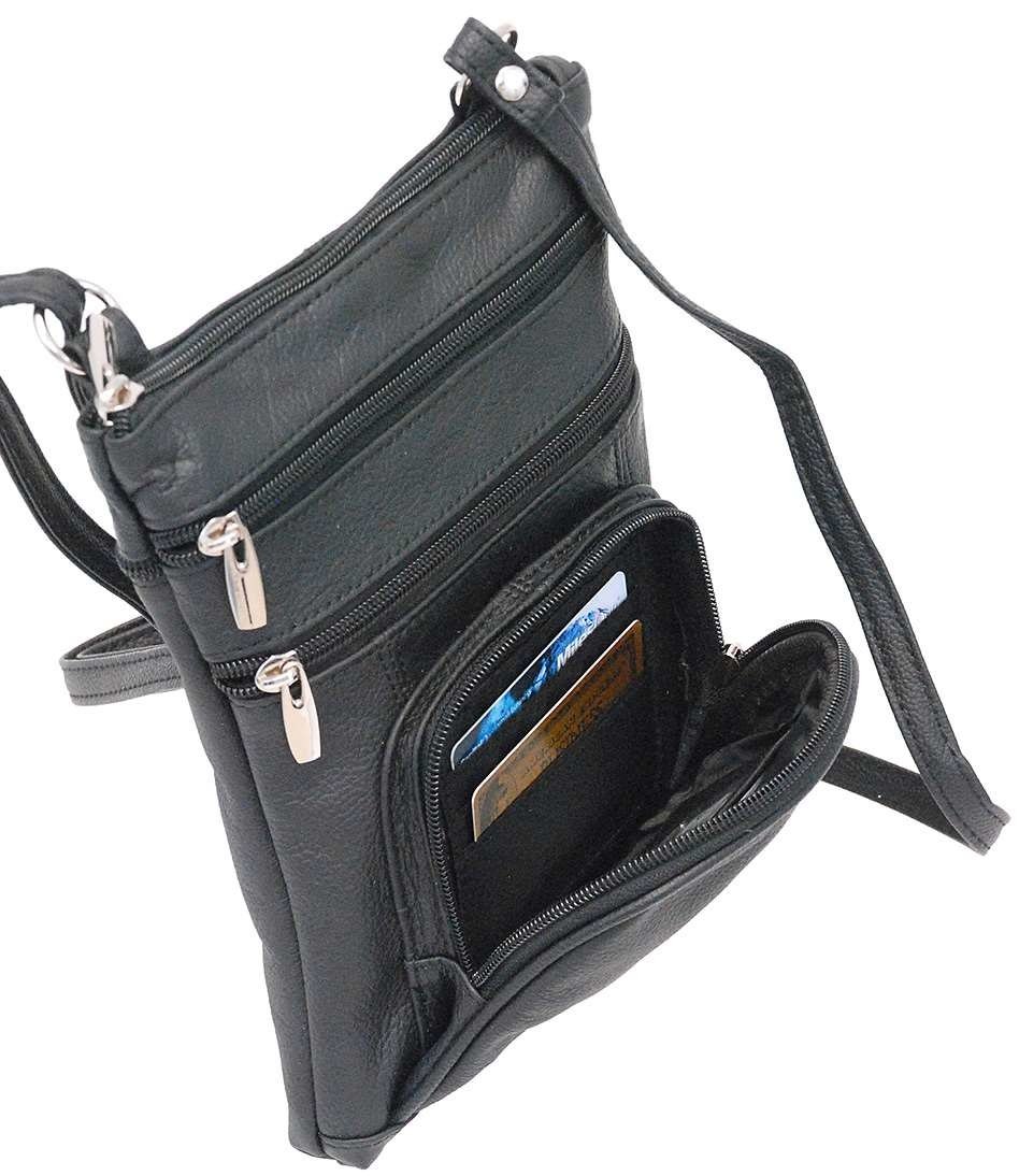 9'' Black Leather Side Bag Purse w/Organizer Front Pocket #P004K
