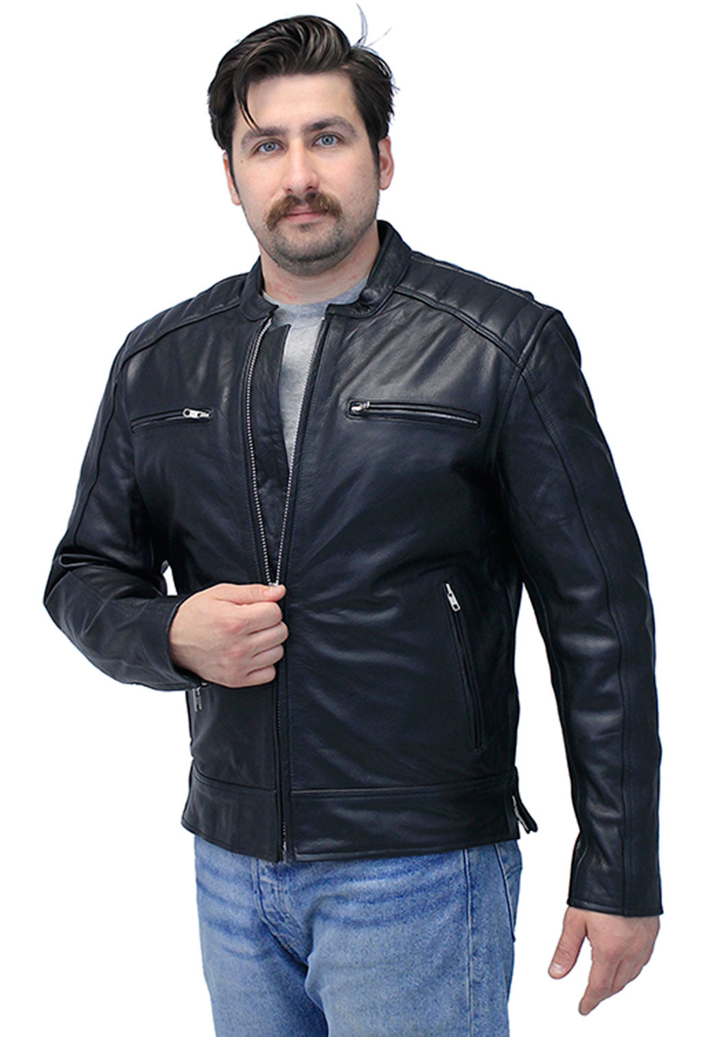 Men's Ribbed Shoulder Leather Motorcycle Jacket #M5760GQZK (M,3X)