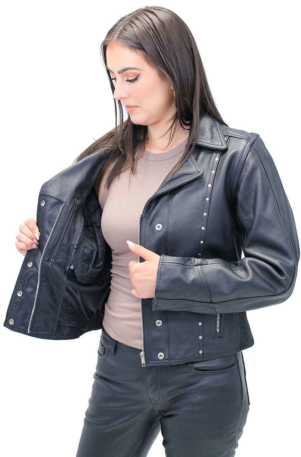 Black Rivet Trim Cowhide Motorcycle Jacket #L4042RZK (XS-4X)