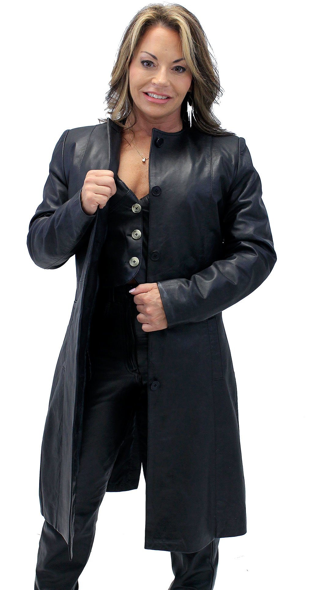 Collar Free Long Lambskin Leather Coat for Women #L1502398ZK (S,2X,3X)