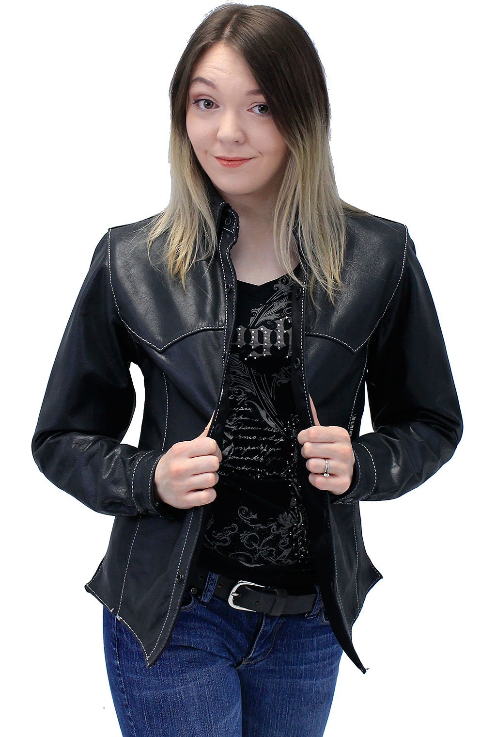 Women's Lightweight Premium Leather Shirt Jacket w/White Stitching #LS431GWK (S-M)