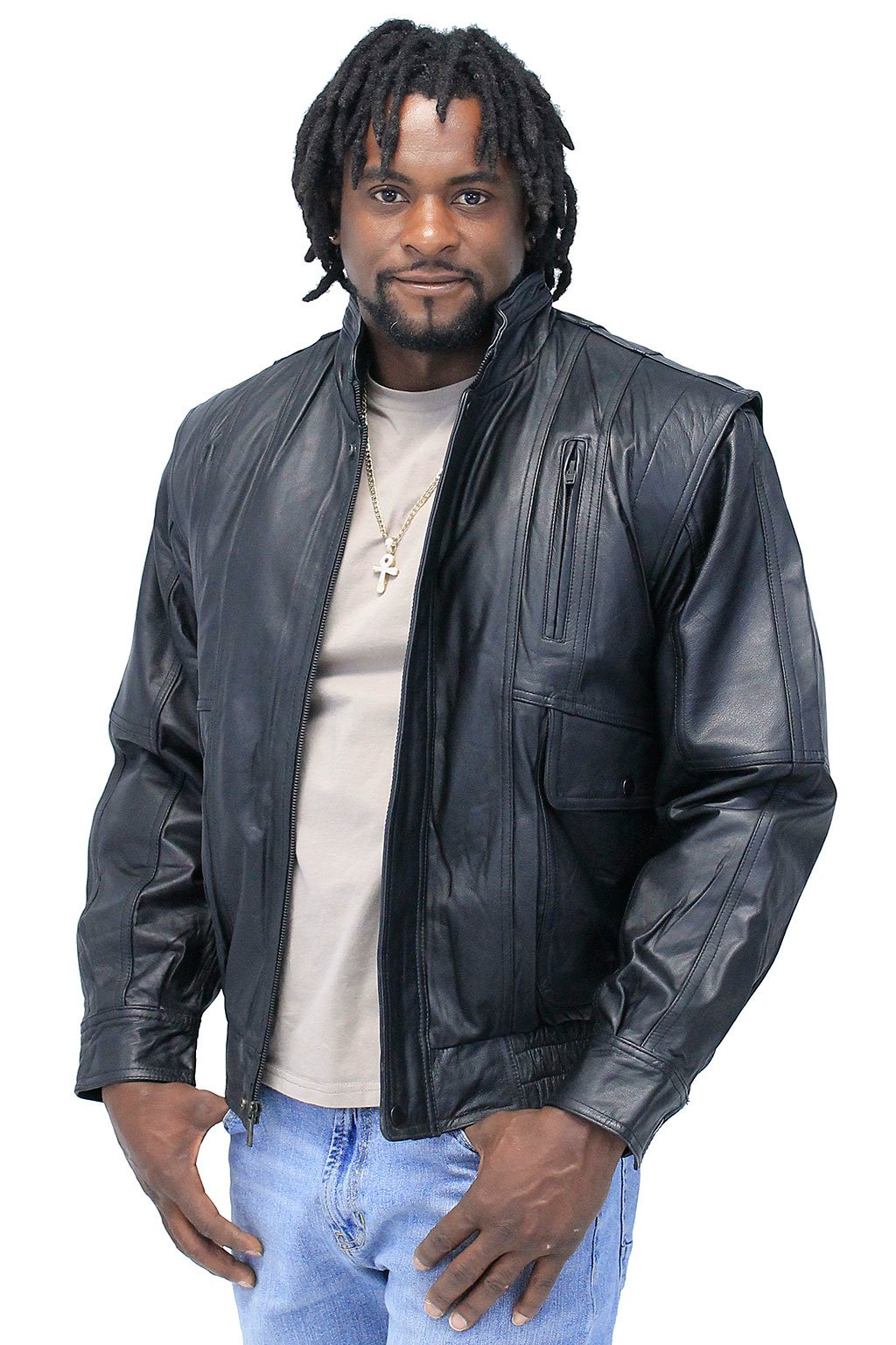 Black Leather Bomber Jacket w/Mandarin Collar #M511ZK (XS-S)