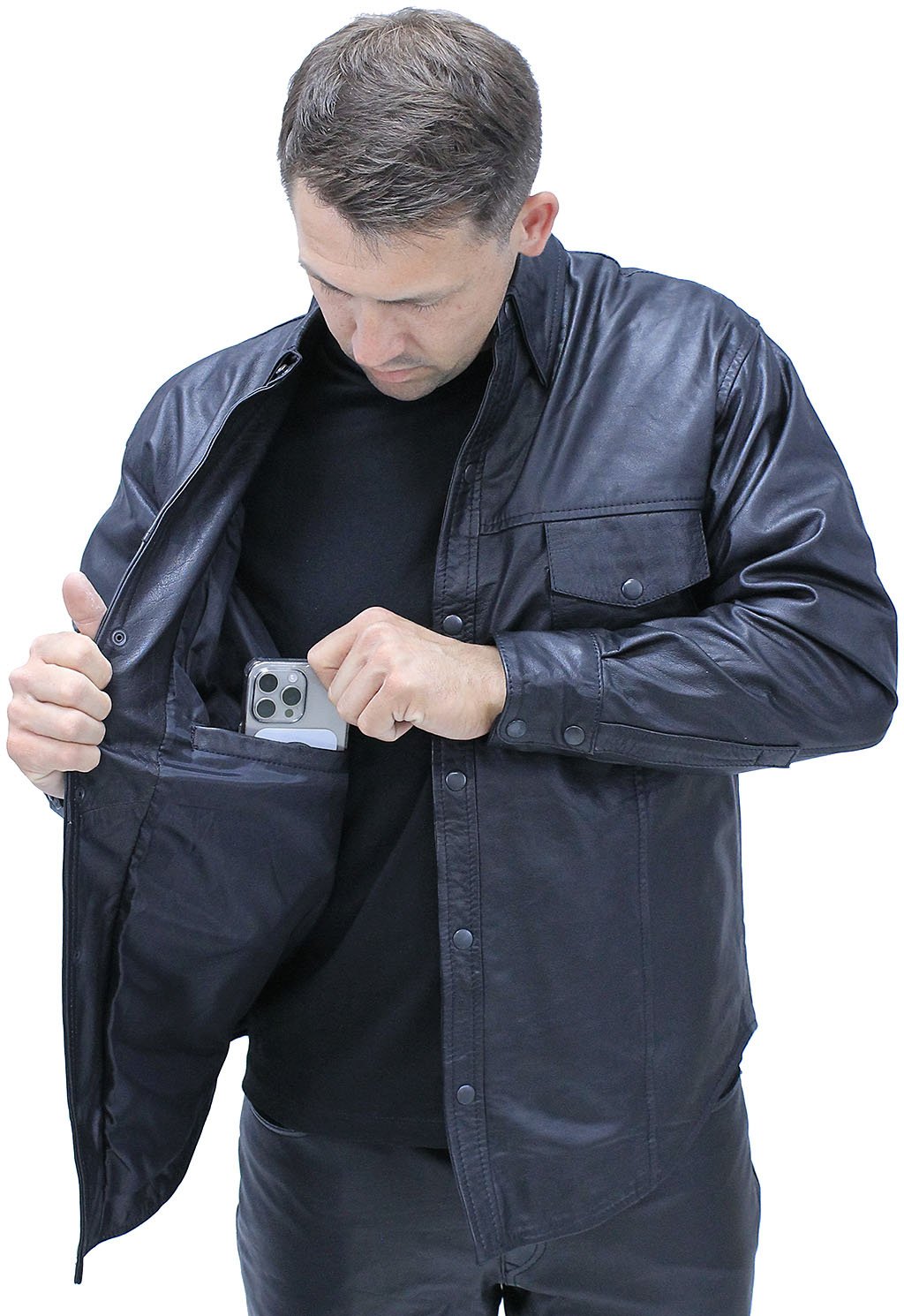 Snap Up Black Leather Shirt #MS1559K