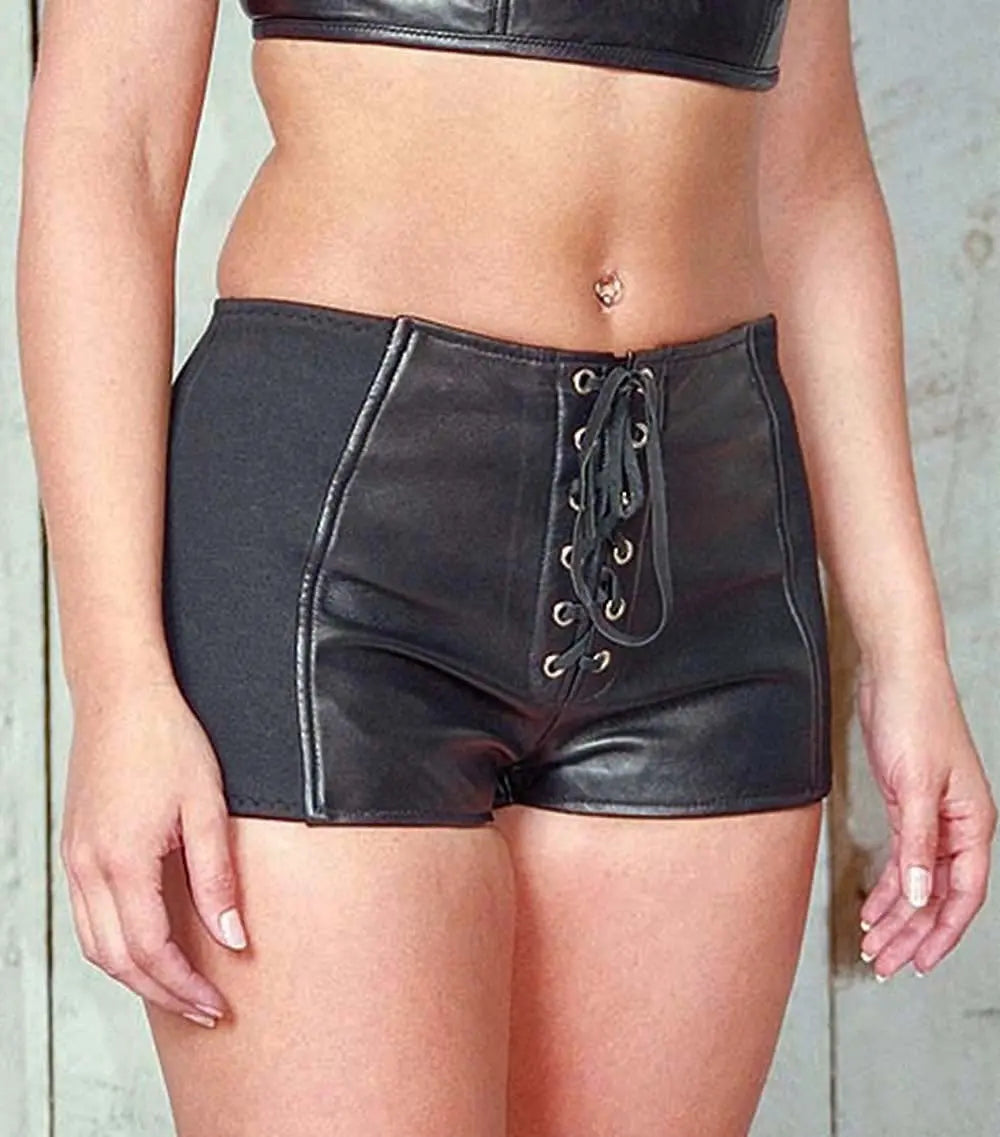 Stretch Sides Lace-Up Leather Shorts #SH717LSK (20)