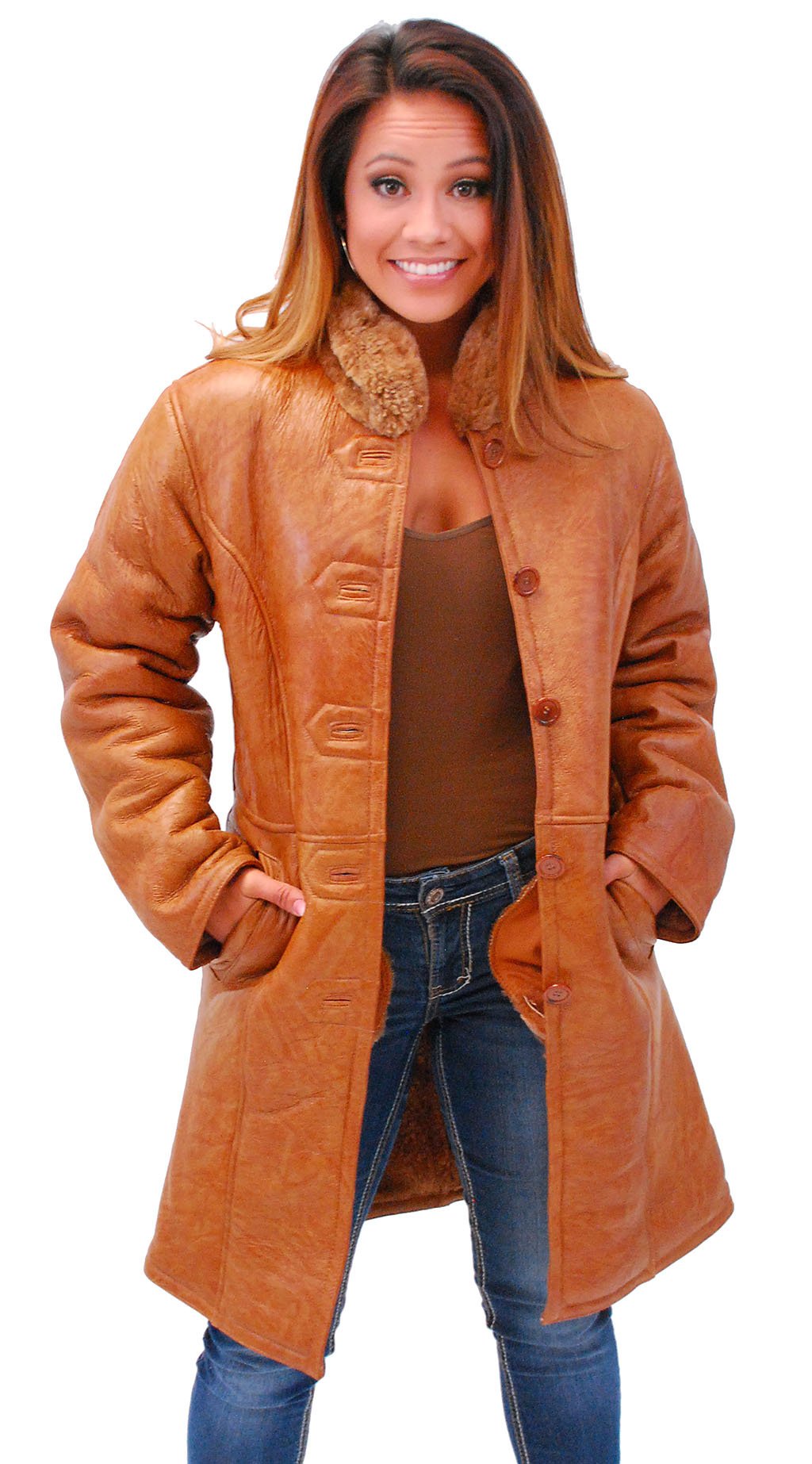Women's Tan Genuine Sheepskin Fur Lined Trench Coat Jacket #L1319HN (S only)