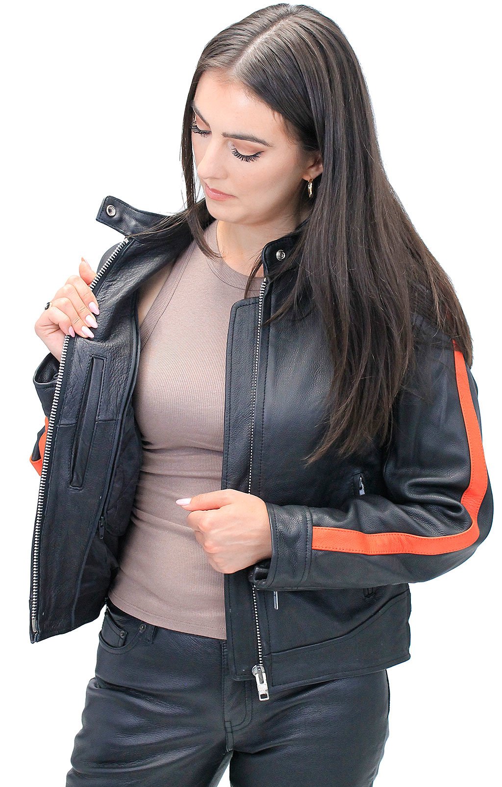 Orange Strip Women's Leather Motorcycle Jacket #L654416ZO (SMALL ONLY)