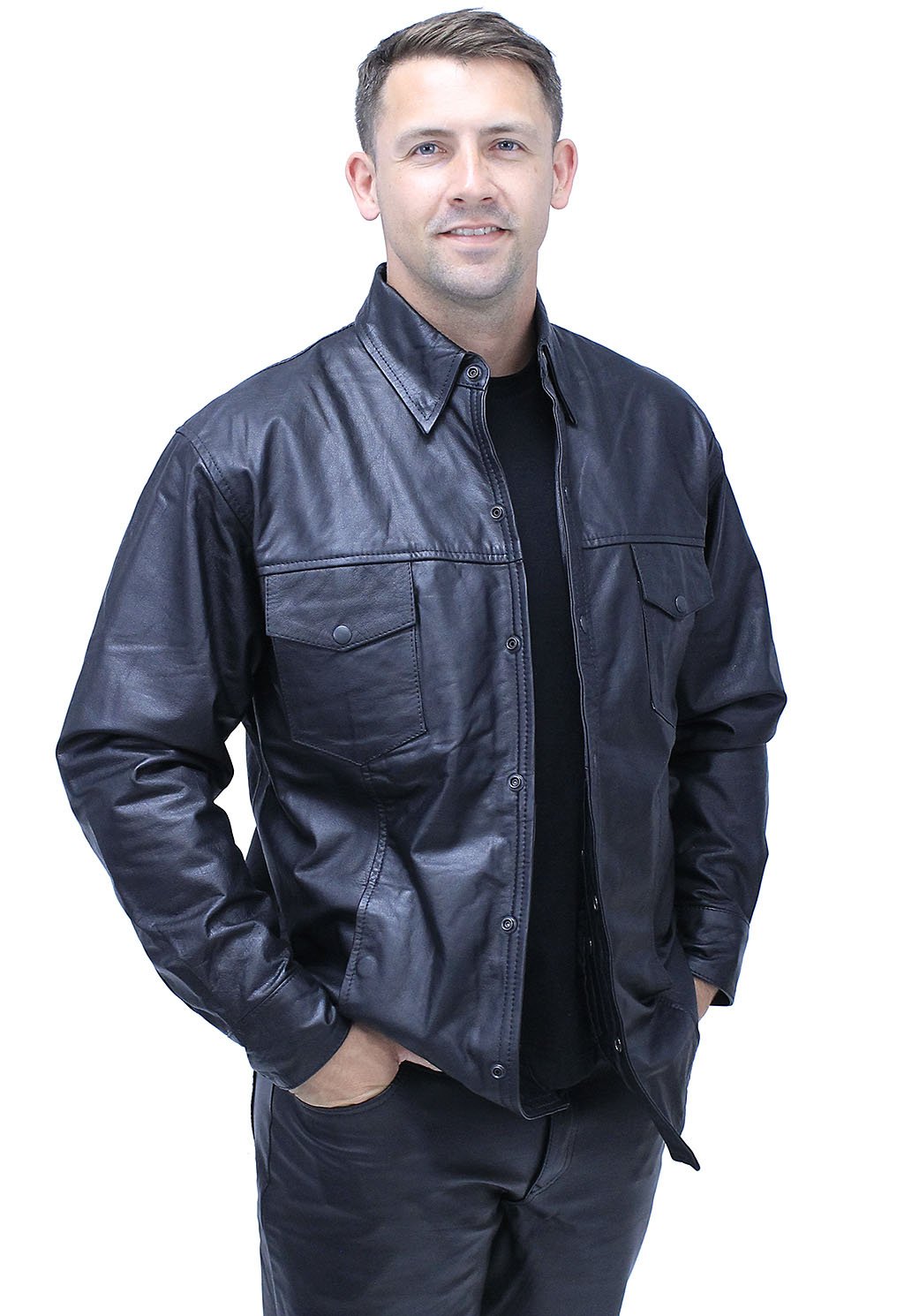 Snap Up Black Leather Shirt #MS1559K