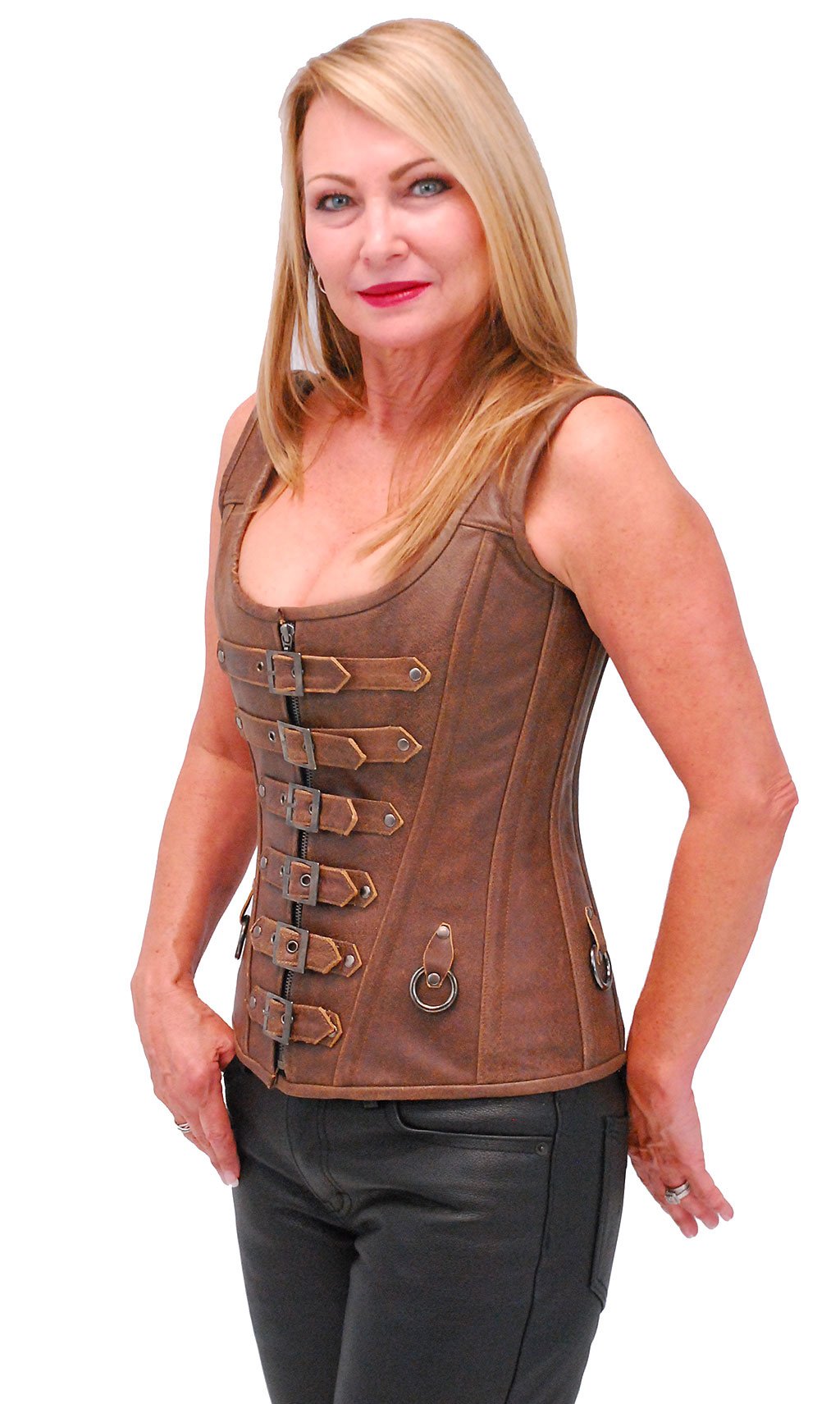 Brown Long Body 6 Buckle Leather Corset w/Boning #LH1319BUCN