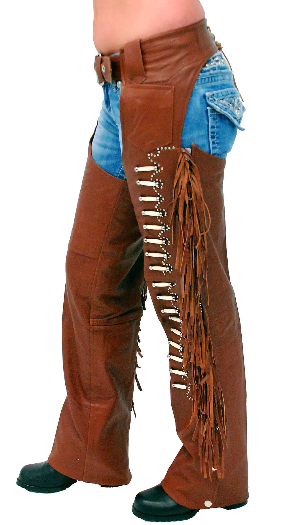 Brown Leather Chaps w/Fringe & Bone Beading #C4300FBN (XS-S)