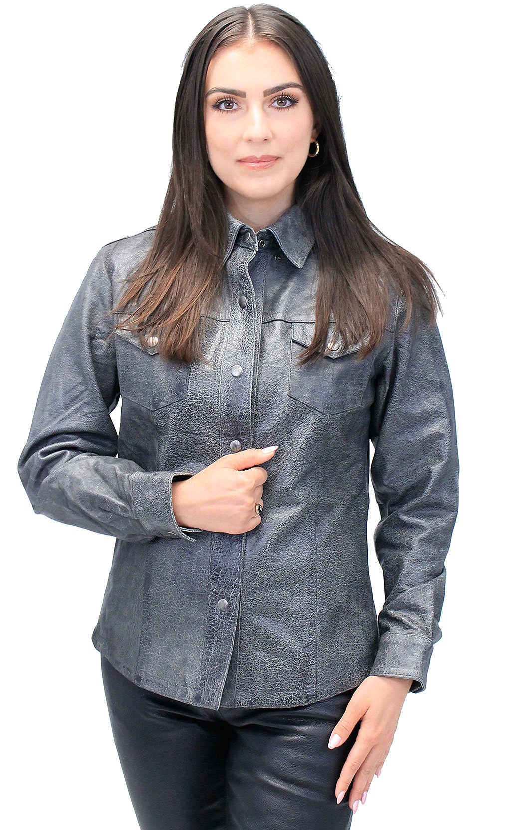 Women's Vintage Gray Leather Shirt #LS8623GY (M-L)
