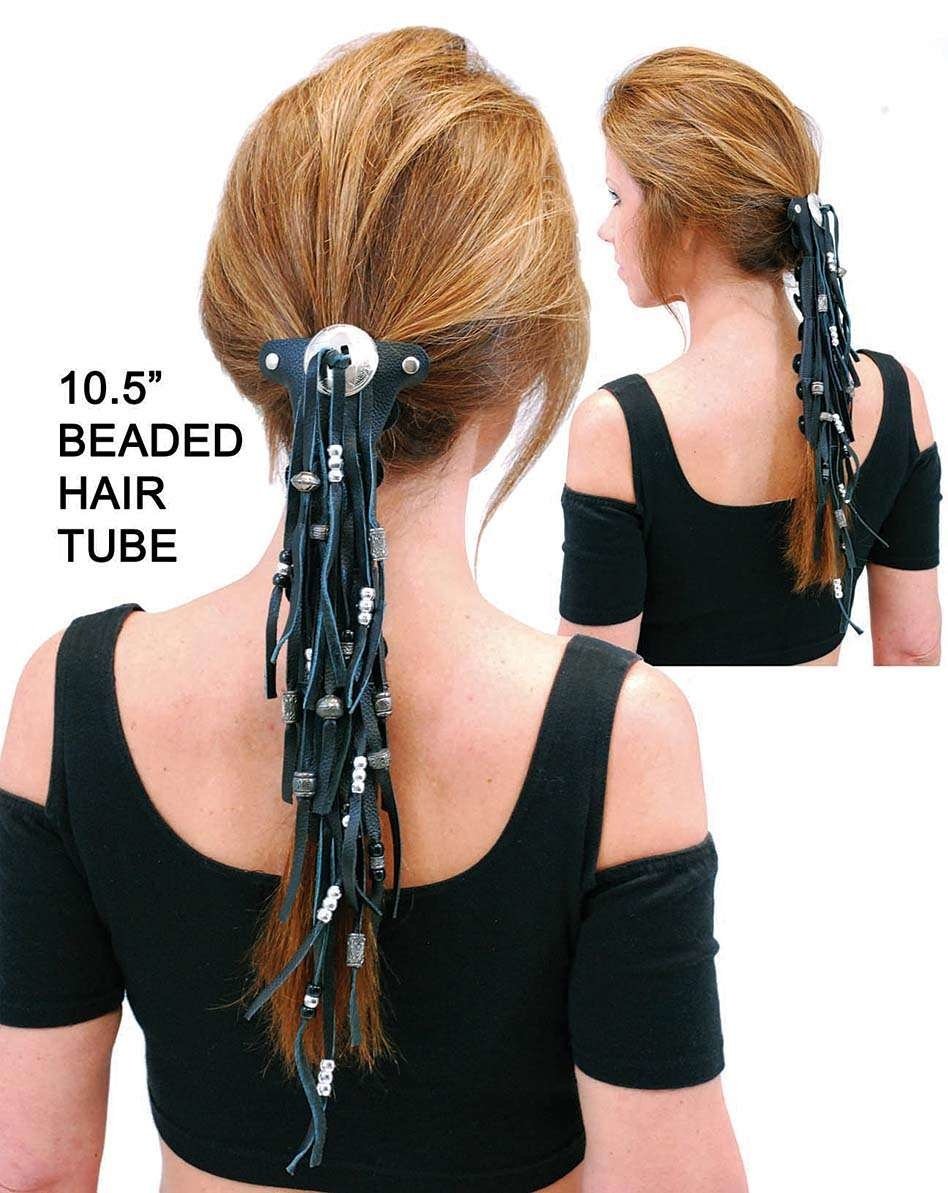 10.5" Extra Long Silver Beaded Black Leather Hair Tube #AHW6543FBS