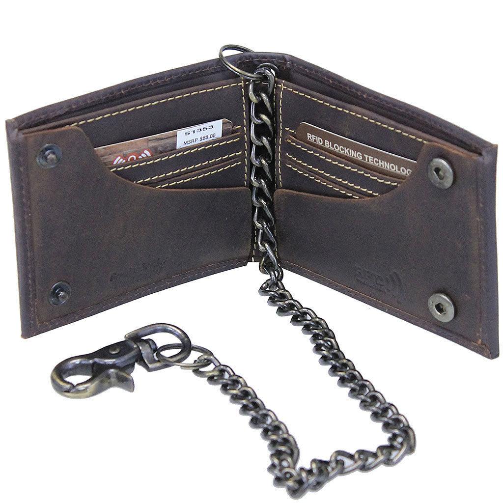 RFID Leather Chain Wallet for Men, Oil Tanned Bifold Brown Wallet #WC513531BN