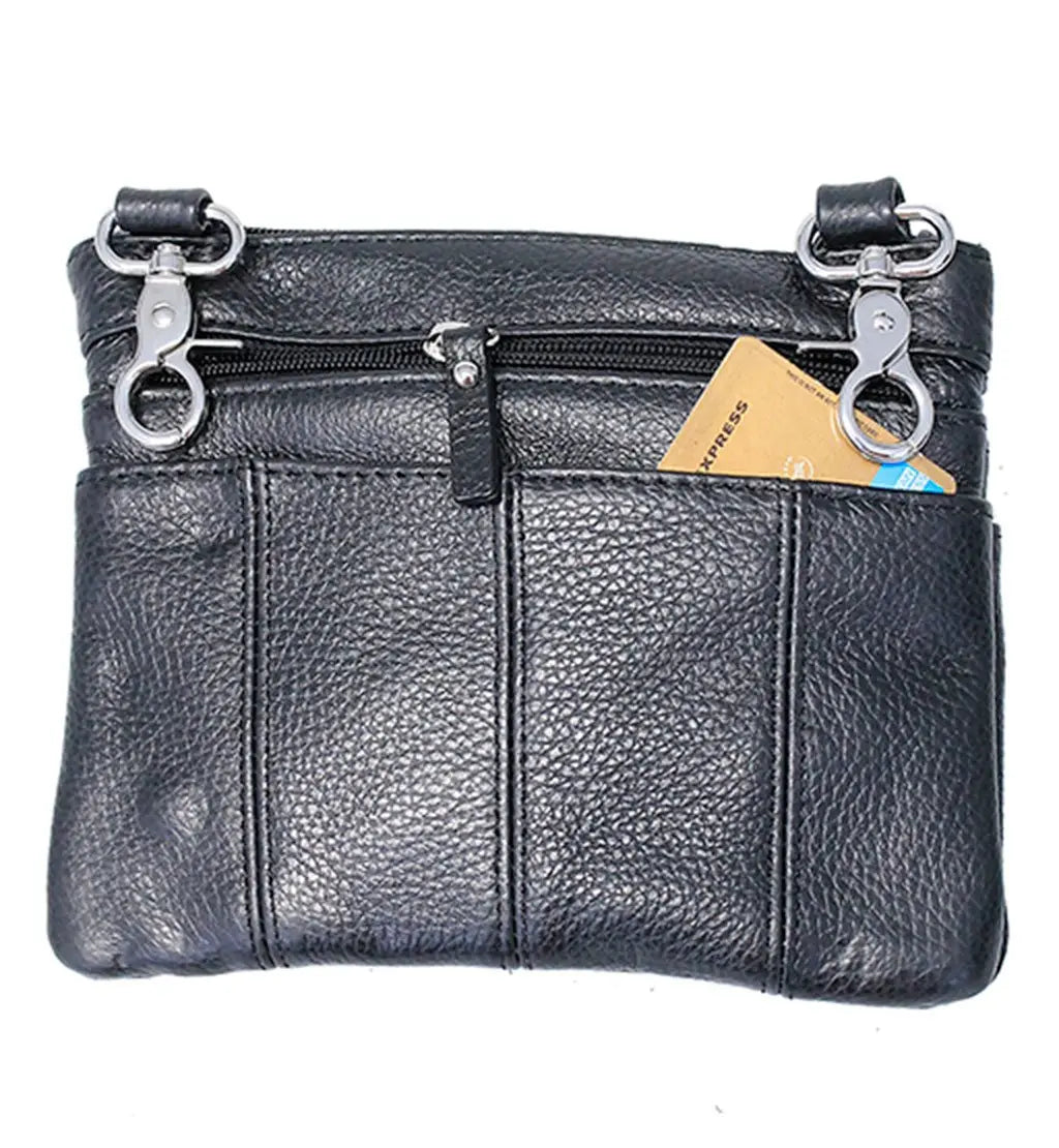 Extra Large Black Leather Hip Clip Bag, Double Claw Clips, Multi-Pocket Pouch #PKK30975XK
