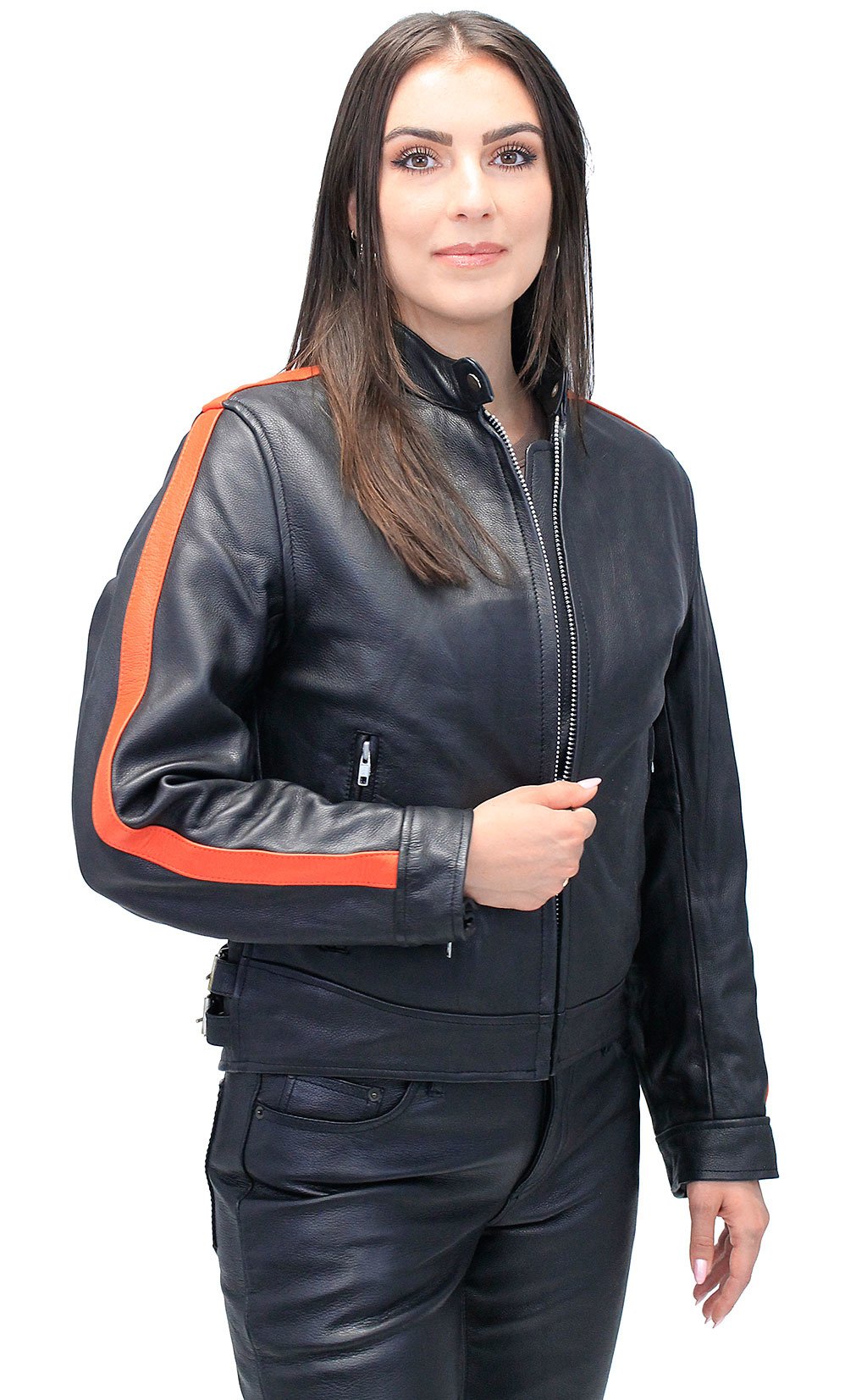 Orange Strip Women's Leather Motorcycle Jacket #L654416ZO (SMALL ONLY)
