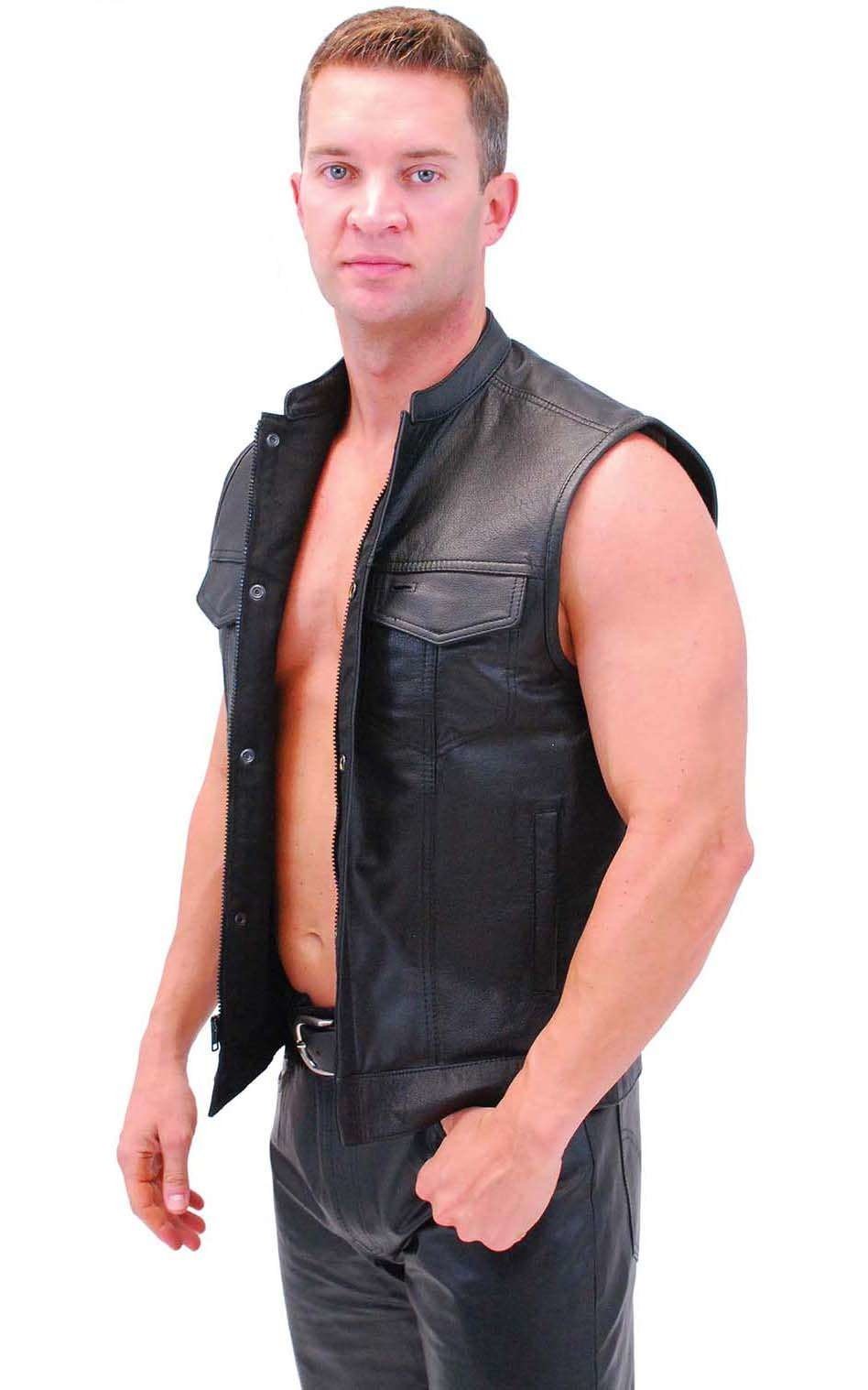 Men's Snap & Zip Buffalo Leather Club Vest w/1 Piece Back #VM690GZK (XL-5X)