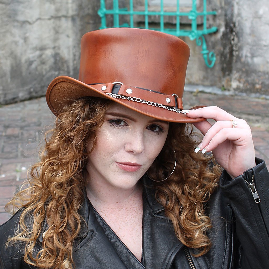 Light Brown Leather Tophat w/Chains & Rings #H2209RCN ()