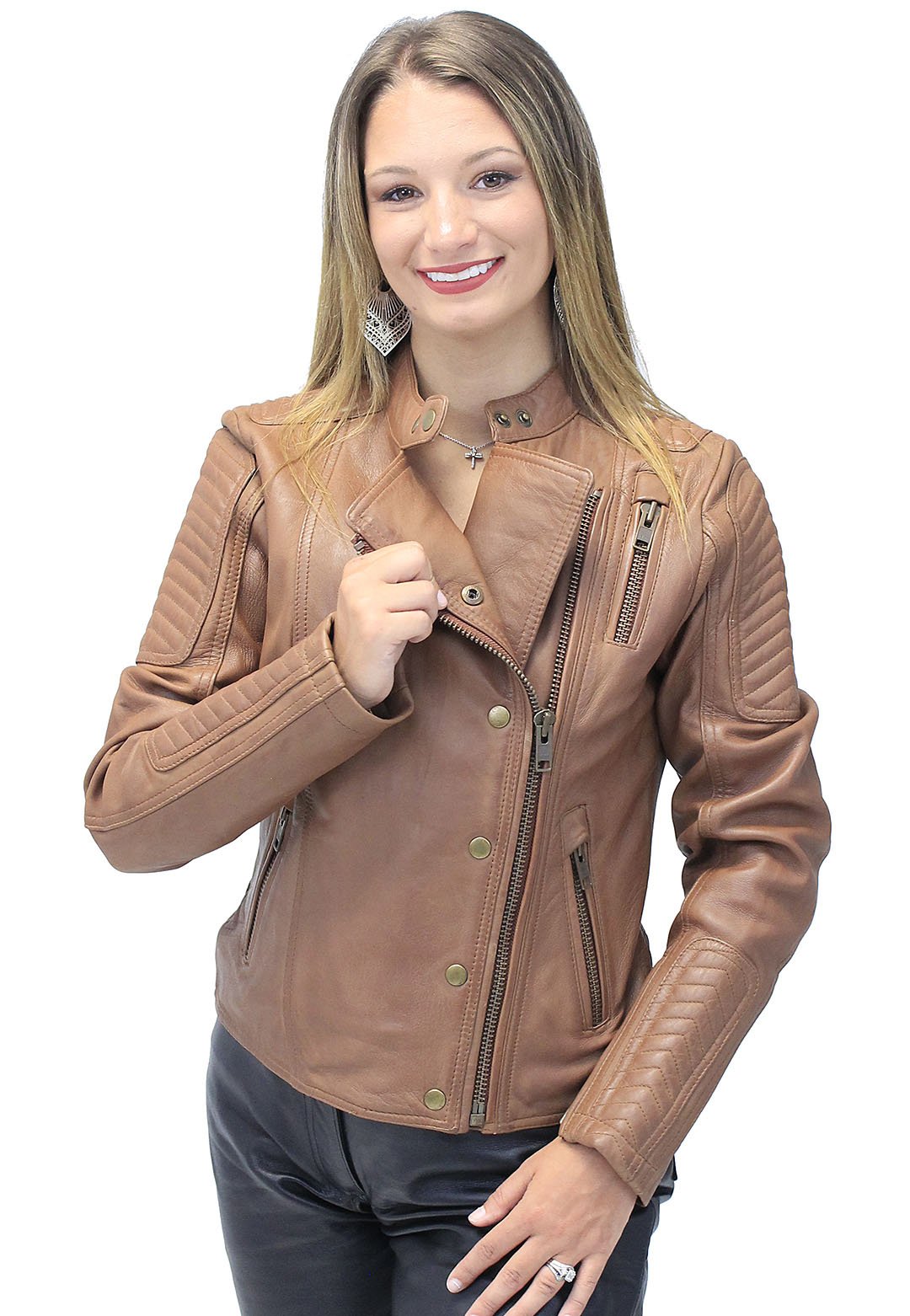 Women's Soft Brown Lambskin Zip Snap Motorcycle Jacket #L1587N  (S, XL-5X)