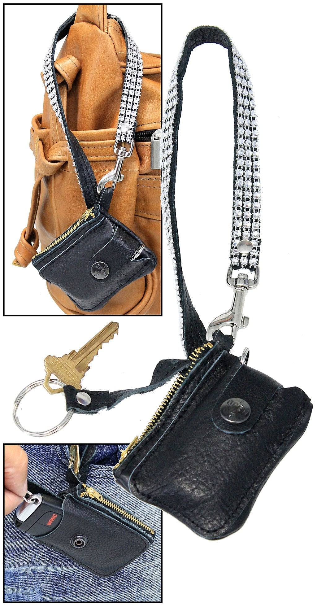 Leather Key Fob Case w/Crystal Wrist Strap #AC22063XZC ()