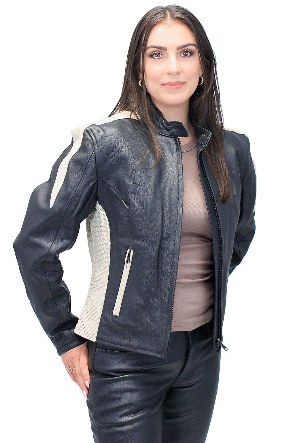 Genuine Leather Women's Cream Trim Vented Motorcycle Jacket #L16910ZC (XS-2X)