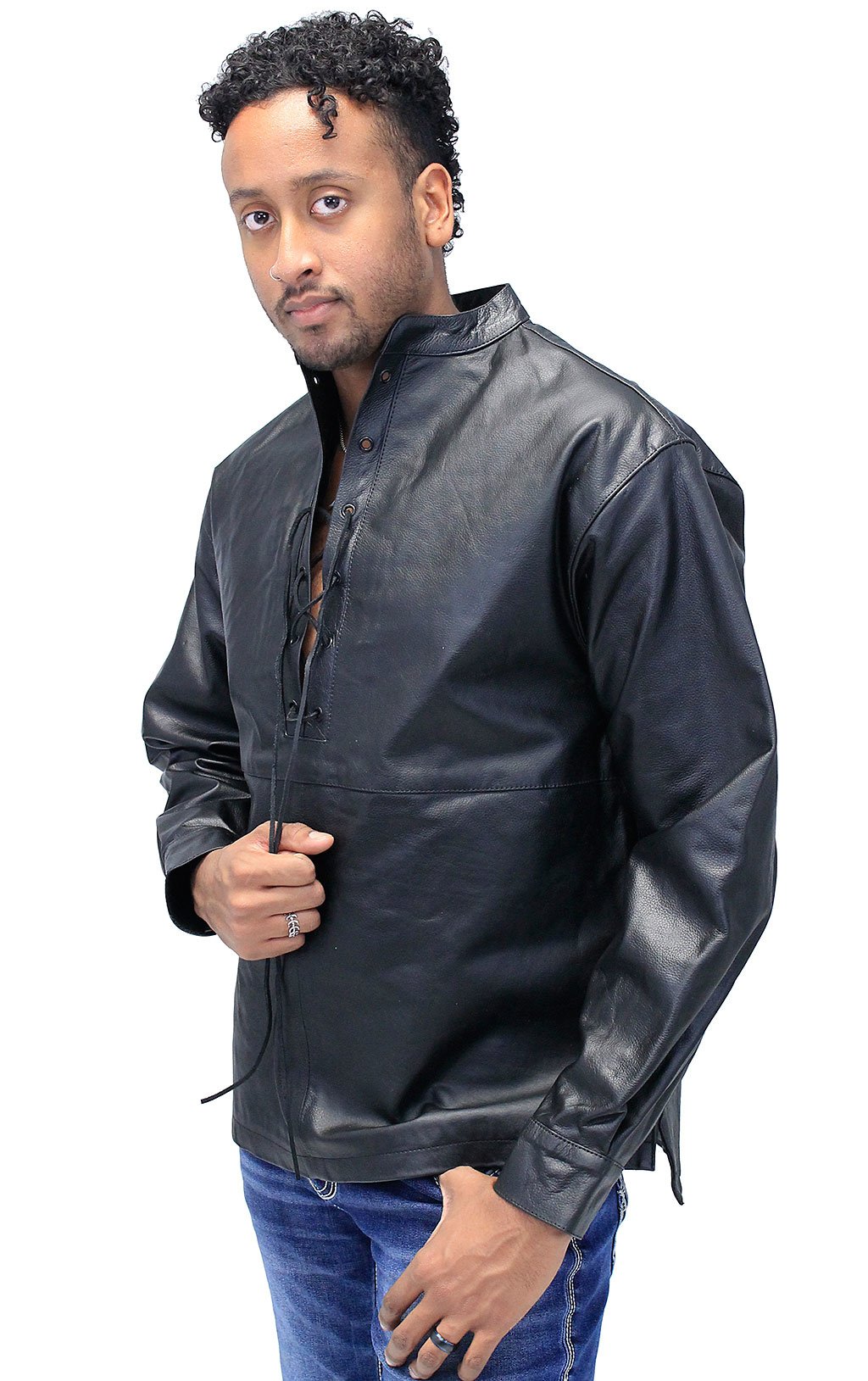 Men's Lace Up Leather Pullover Shirt Jacket #MS2013LK (S,M,2X,3X)