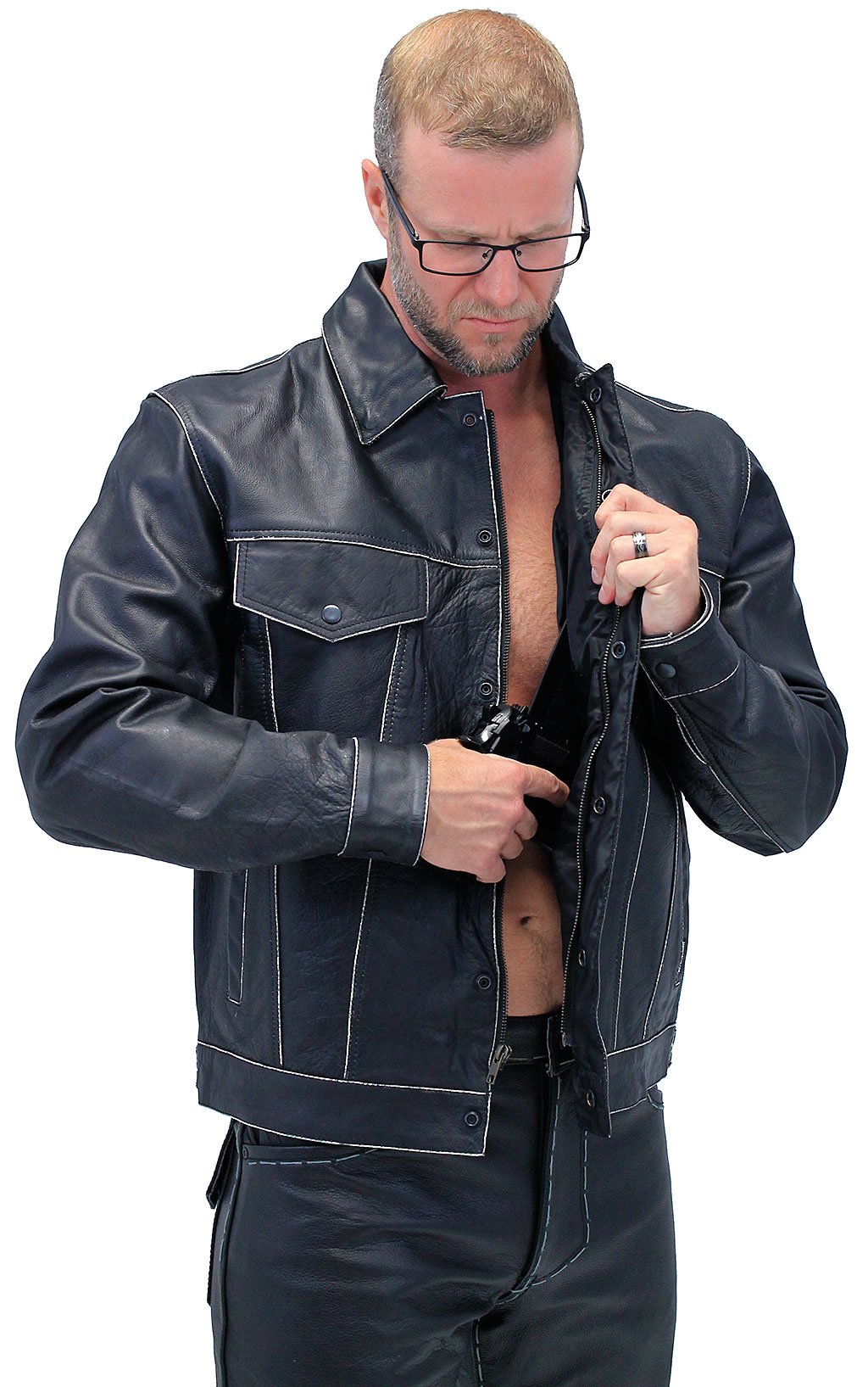 Black Vintage Leather Jean Jacket with Concealed Pockets #MA6643K (S-5X)