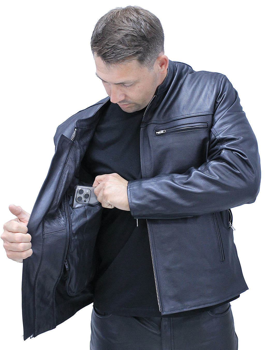 Men's Vented Café Racer Motorcycle Jacket w/Concealed Pocket #M6638VZGK (2X-3X)