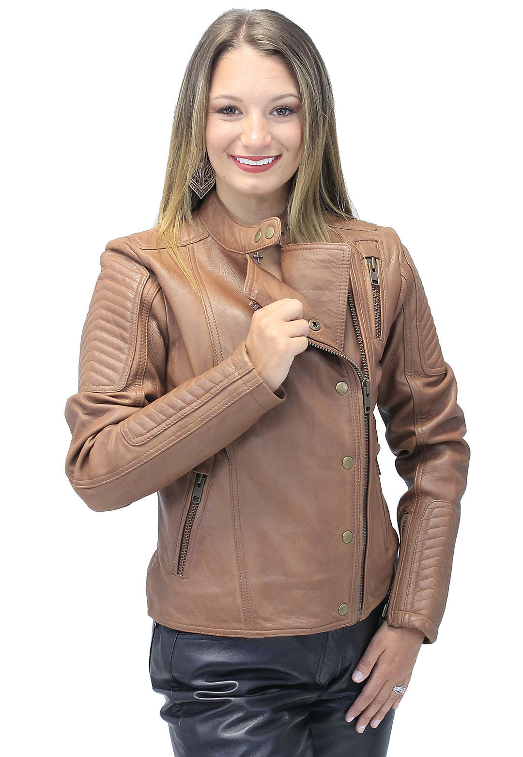 Women's Soft Brown Lambskin Zip Snap Motorcycle Jacket #L1587N  (S, XL-5X)