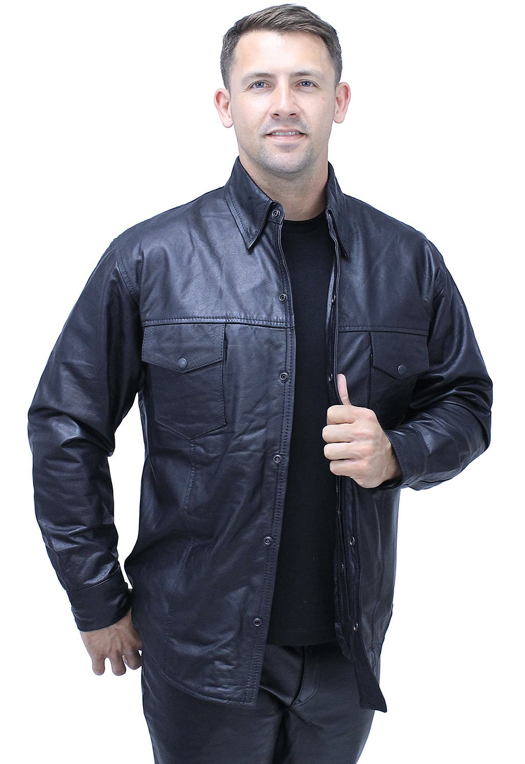 Snap Up Black Leather Shirt #MS1559K