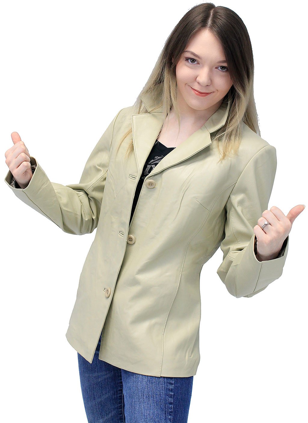 Sand Color Women's 3 Button Genuine Leather Jacket #L32BTT (S-3X)