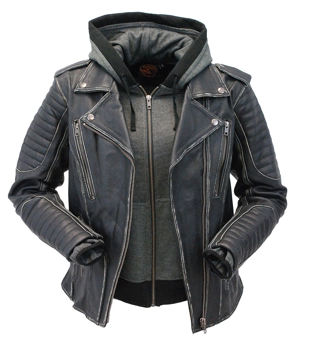 Women's Vented Concealed Pocket Motorcycle Jacket with Hoodie #LA2516VHK ()