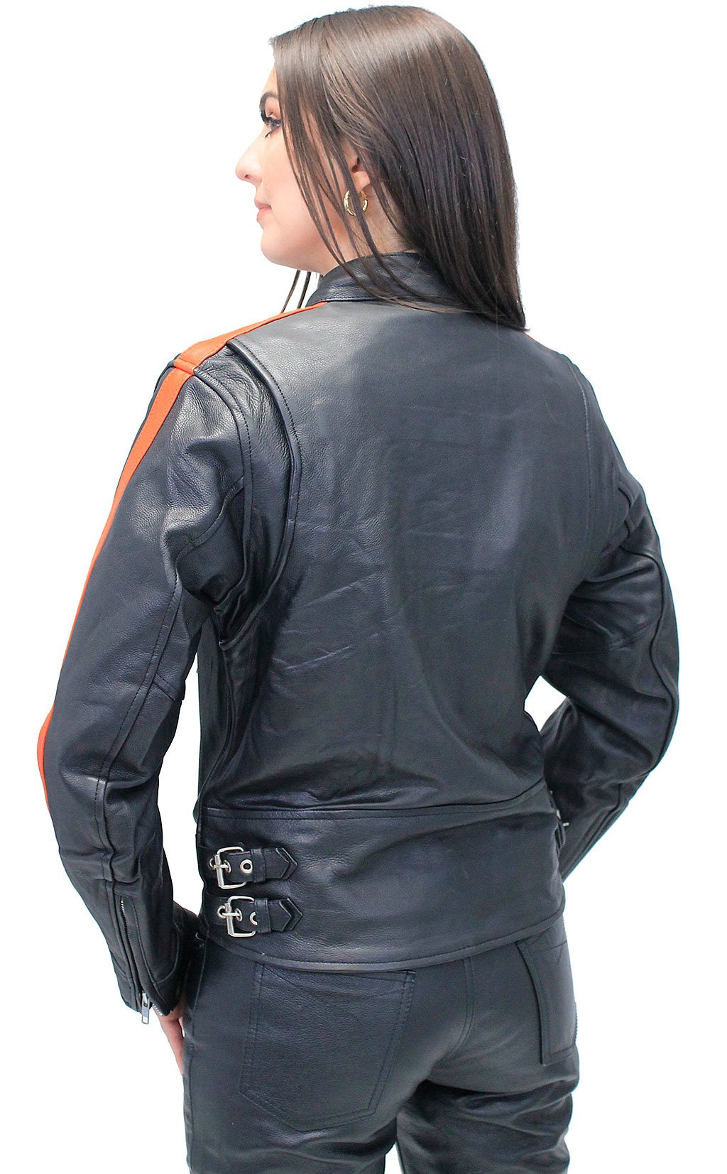 Orange Strip Women's Leather Motorcycle Jacket #L654416ZO (SMALL ONLY)