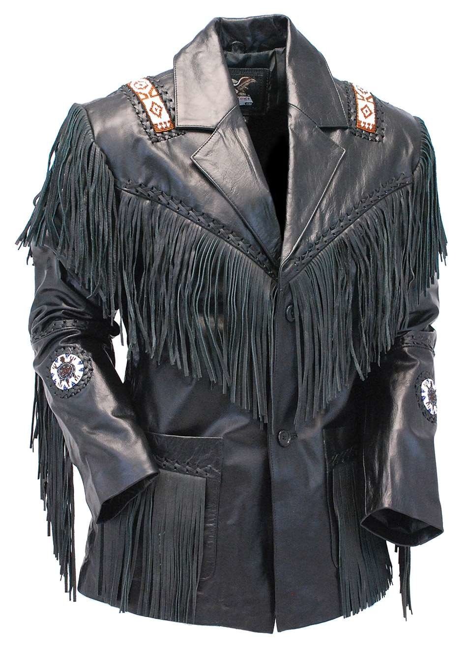 Tribal Bead Black Leather Fringe Blazer Jacket #M2537BBFK