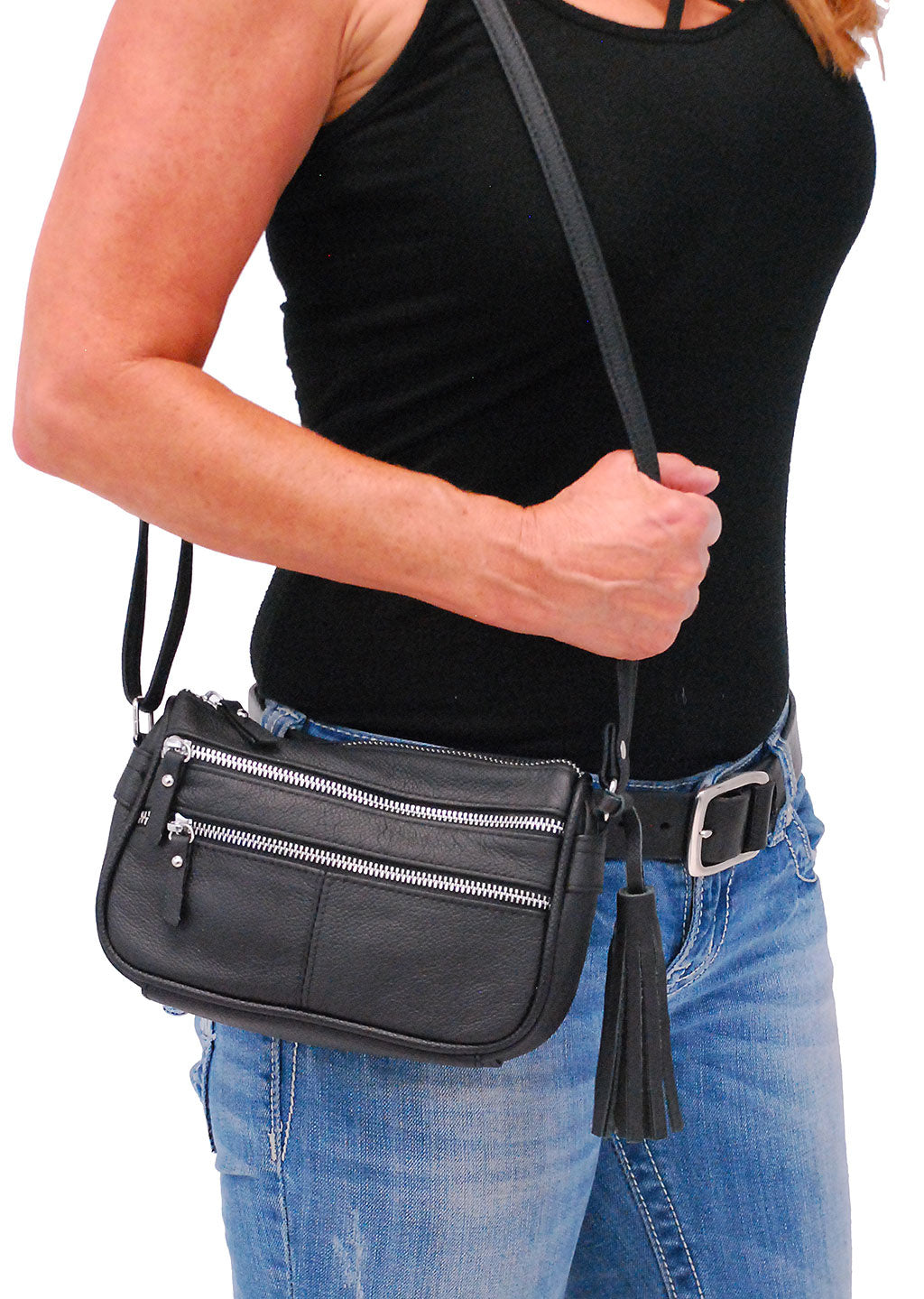 Black Leather Tassel Purse Silver Zippers #P5090TK