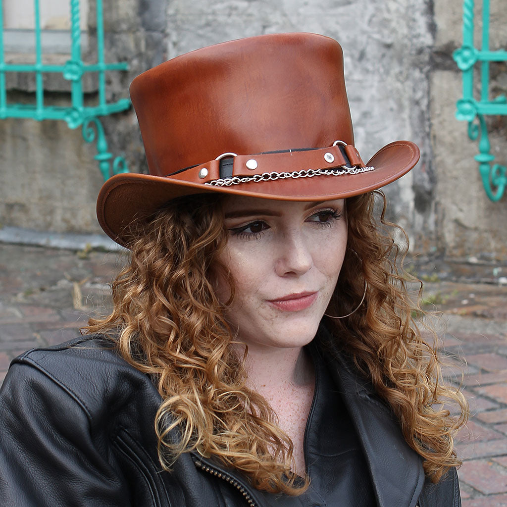 Light Brown Leather Tophat w/Chains & Rings #H2209RCN ()